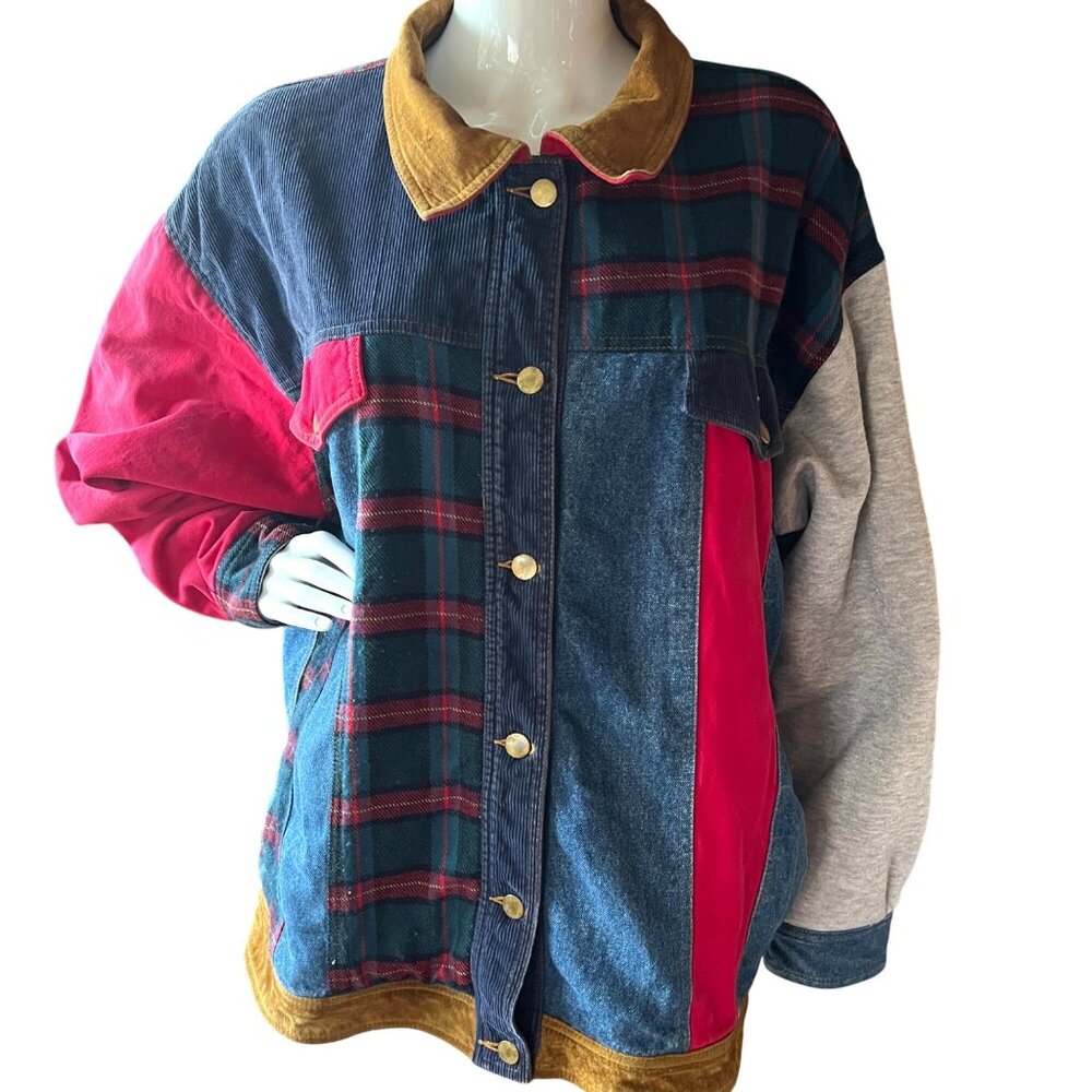 Vintage 80s Venezia Colorblock Denim Plaid Flannel Corduroy Suede Shacket Jacket